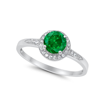 Halo Art Deco Engagement Ring Round Simulated Green Emerald CZ 925 Sterling Silver
